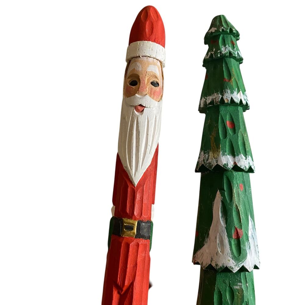 Vintage Hand Carved Wooden Pencil Skinny Santa Claus and Christmas Tree Figurine - Picture 10 of 14